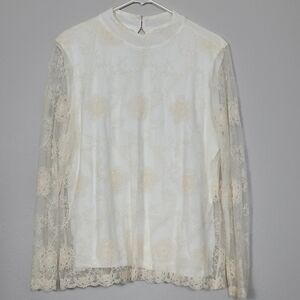 Chicos Sheer Lace Long Sleeve Top Size L White Feminine Ivory Cottage Classic